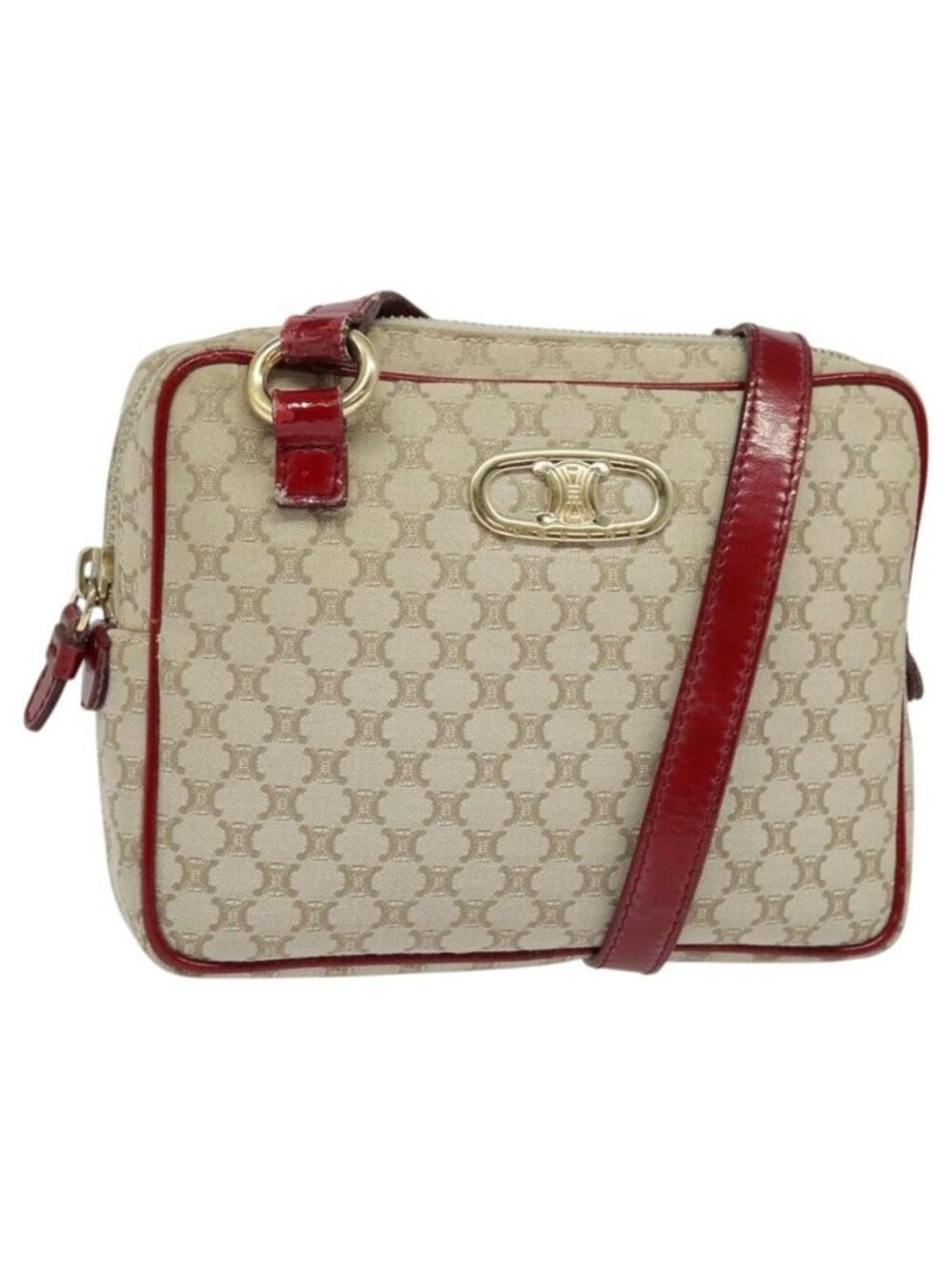 Authentic CELINE Macadam Canvas Shoulder Bag Beige Gold